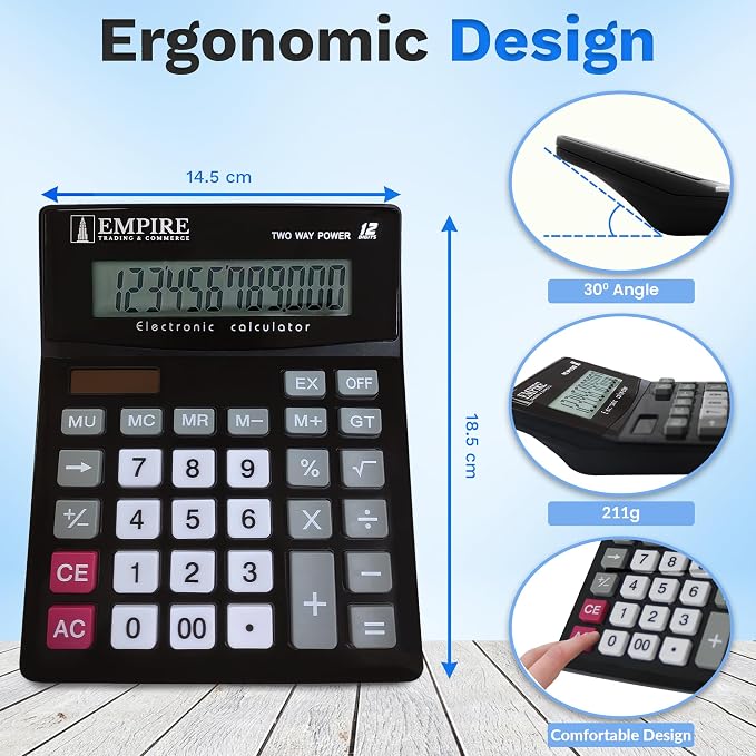 Empire Desk Calculator with Large Key Buttons, 12-Digit Large Eye-Angled Display - Image 6