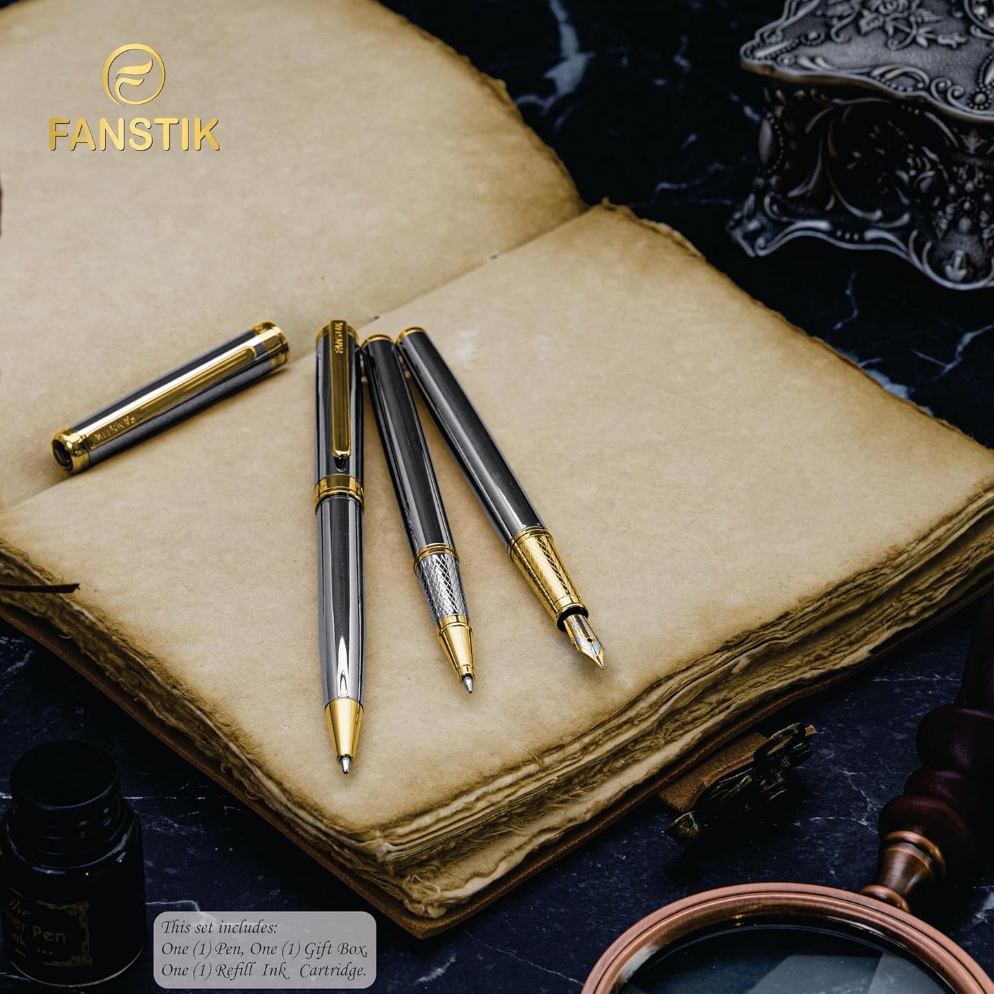 Customized Silver & Gold Luxury Rollerball pen (Made In USA) fancy gift set for women, Real 24K Gold Plating, Professional executive pen gift set for men (Lux Custom-Rollerball Silver-Gld)