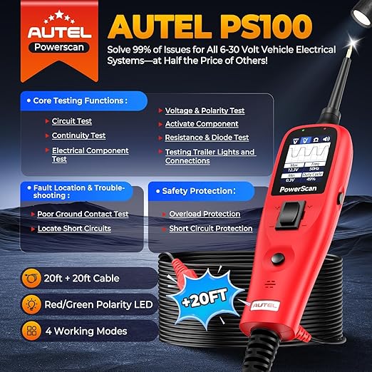 Autel PowerScan PS100 Automotive Circuit Tester 2.0, 12-24V Power Circuit Probe - Image 2