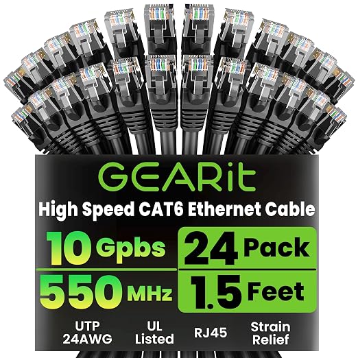 GEARit Cat 6 Ethernet Patch Cables 1.5 ft Black, High Speed 24AWG 10Gbps RJ45 by GEARit