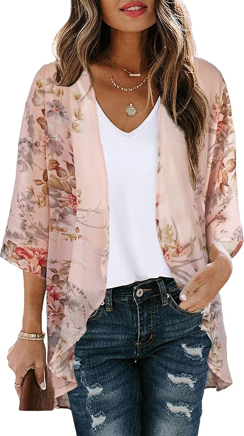 Women's Floral Print Puff Sleeve Kimono Cardigan Loose Cover Up Casual Blouse by CHICGAL