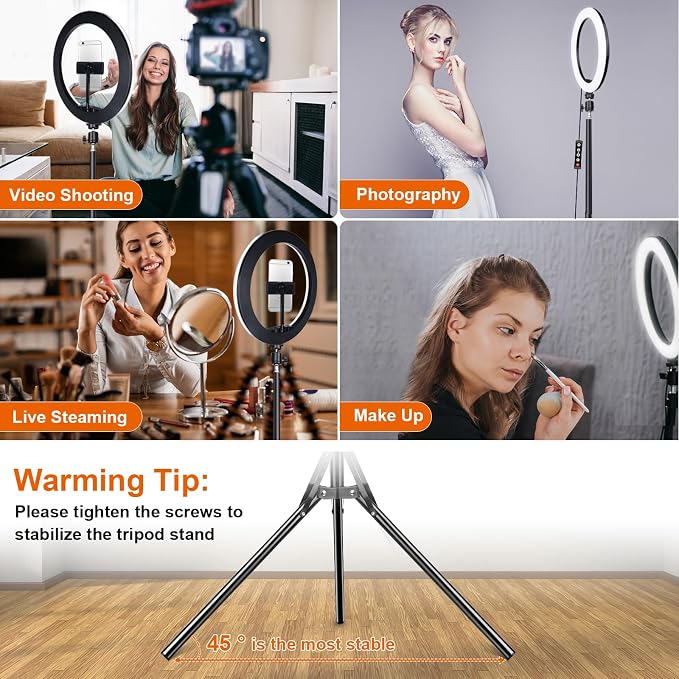 13" Selfie Ring Light with 76" Tripod Stand & 3 Phone Holder, LED Camera - Image 8