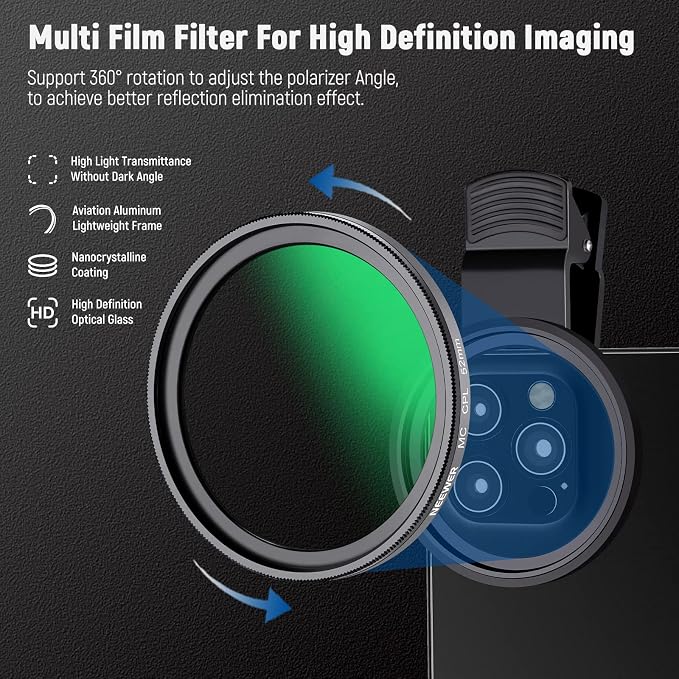 NEEWER 52mm CPL Filter for Phone, Clip On Circular Polarizing Lens Filter - Image 3