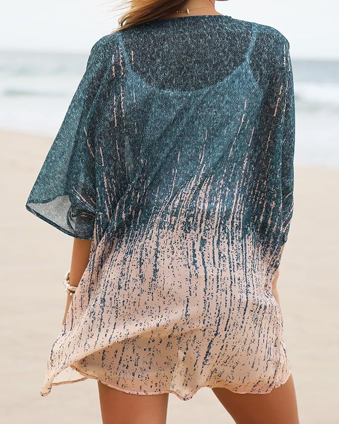 Women's Floral Print Puff Sleeve Kimono Cardigan Loose Cover Up Casual Blouse - Image 6