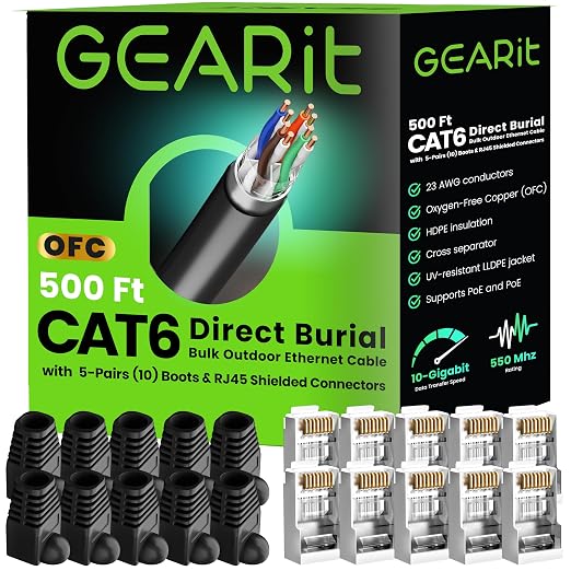 GEARit Cat6 Outdoor Ethernet Cable 23AWG OFC Pure Copper, Waterproof, Direct by GEARit