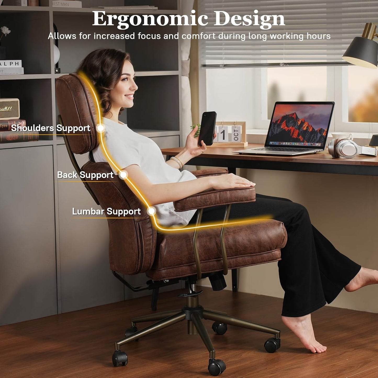 Mid Century Modren Large Office Chair, Big and Tall Ergonomic Executive Chair for Heavy Duty People, Computer Desk Task Chair with Wheels, Faux Lether Fabric Wide Chair for Home Sturdy,Dark Brown