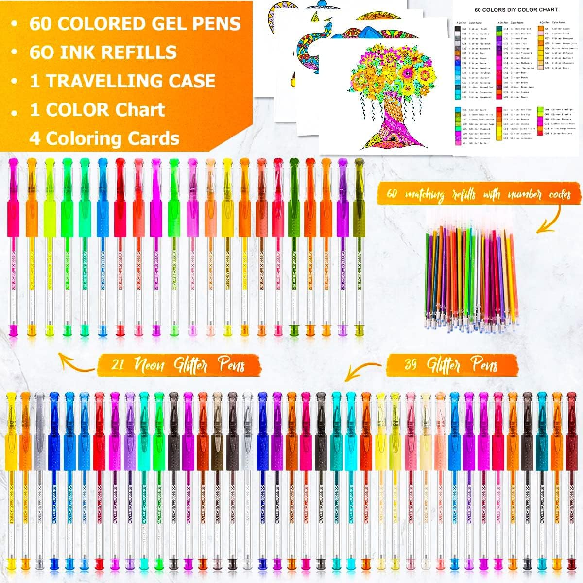 Soucolor Glitter Gel Pens for Adult Coloring Books, Back to School Supplies, 120 Pack-60 Glitter Pens, 60 Refills and Travel Case, 40% More Ink Markers Set for Drawing Doodling Journaling Art Supplies