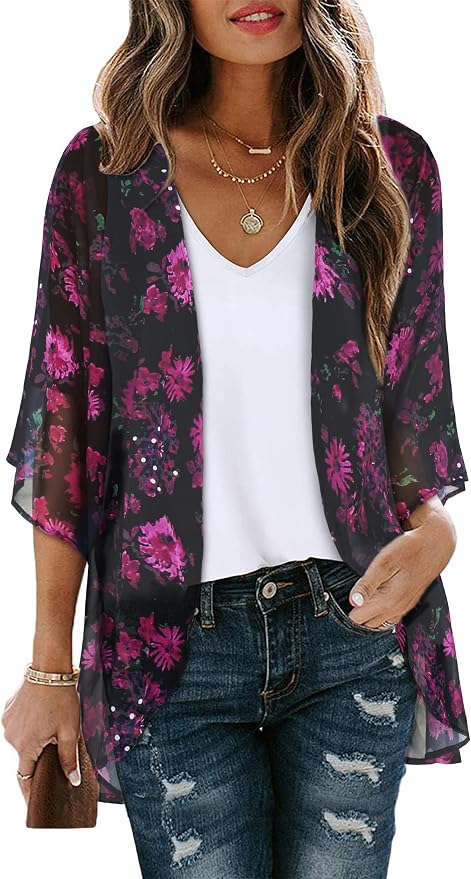 Women's Floral Print Puff Sleeve Kimono Cardigan Loose Cover Up Casual Blouse by CHICGAL