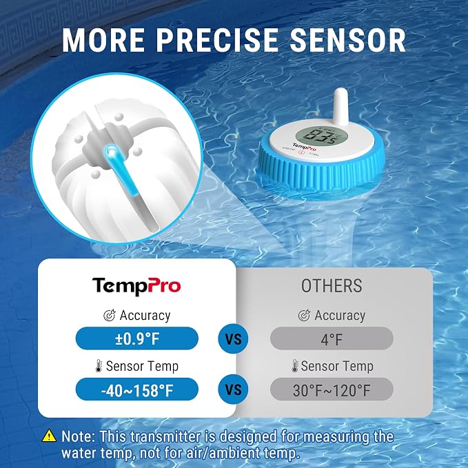 TempPro Waterproof Wireless Pool Thermometer Easy Read, Digital Pool - Image 2