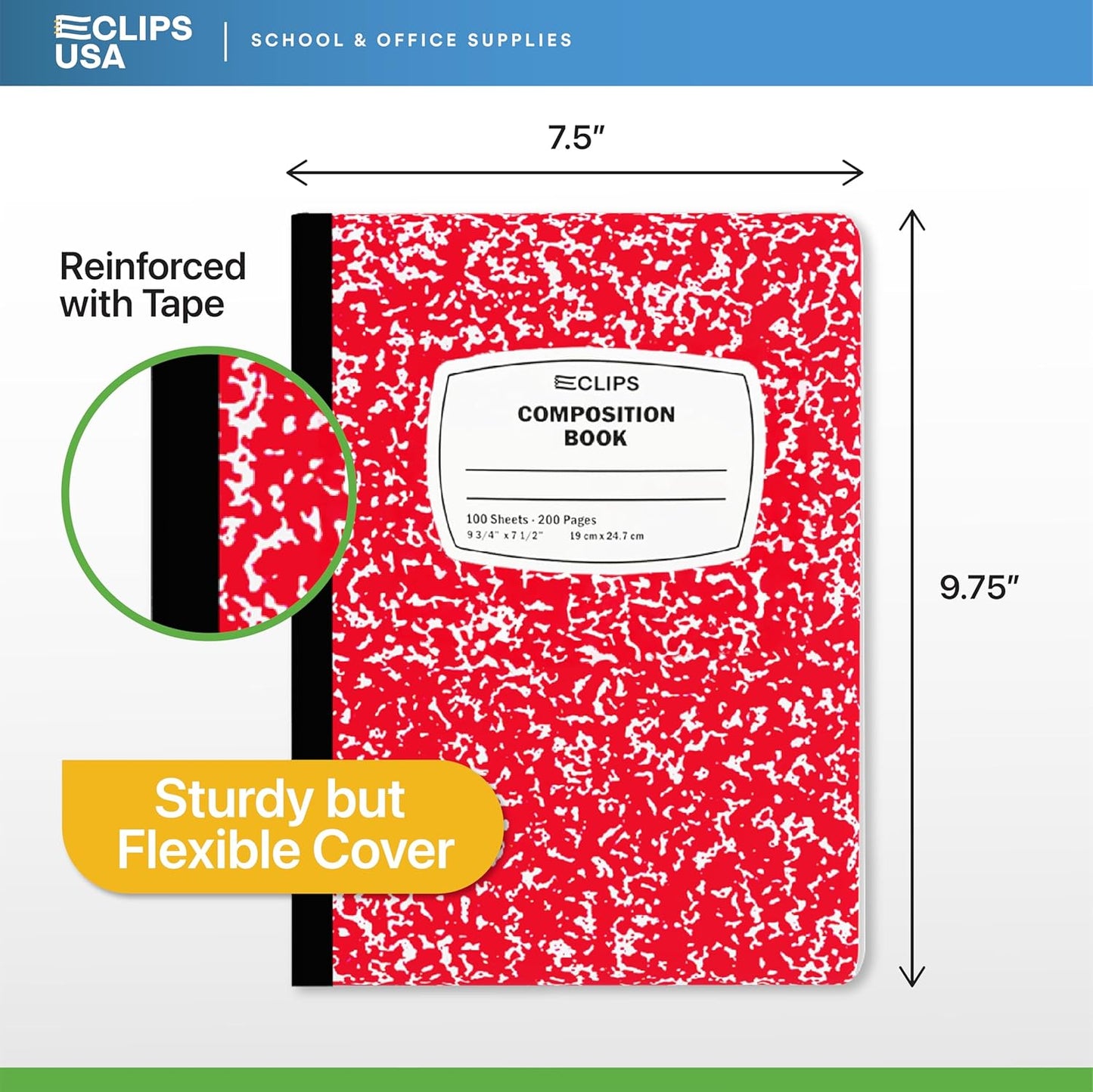 E-CLIPS USA Composition Notebooks, (48 Pack), Wide Ruled Composition Notebook, Marble Composition Notebook, 100 sheets, 200 Pages (48, Red)