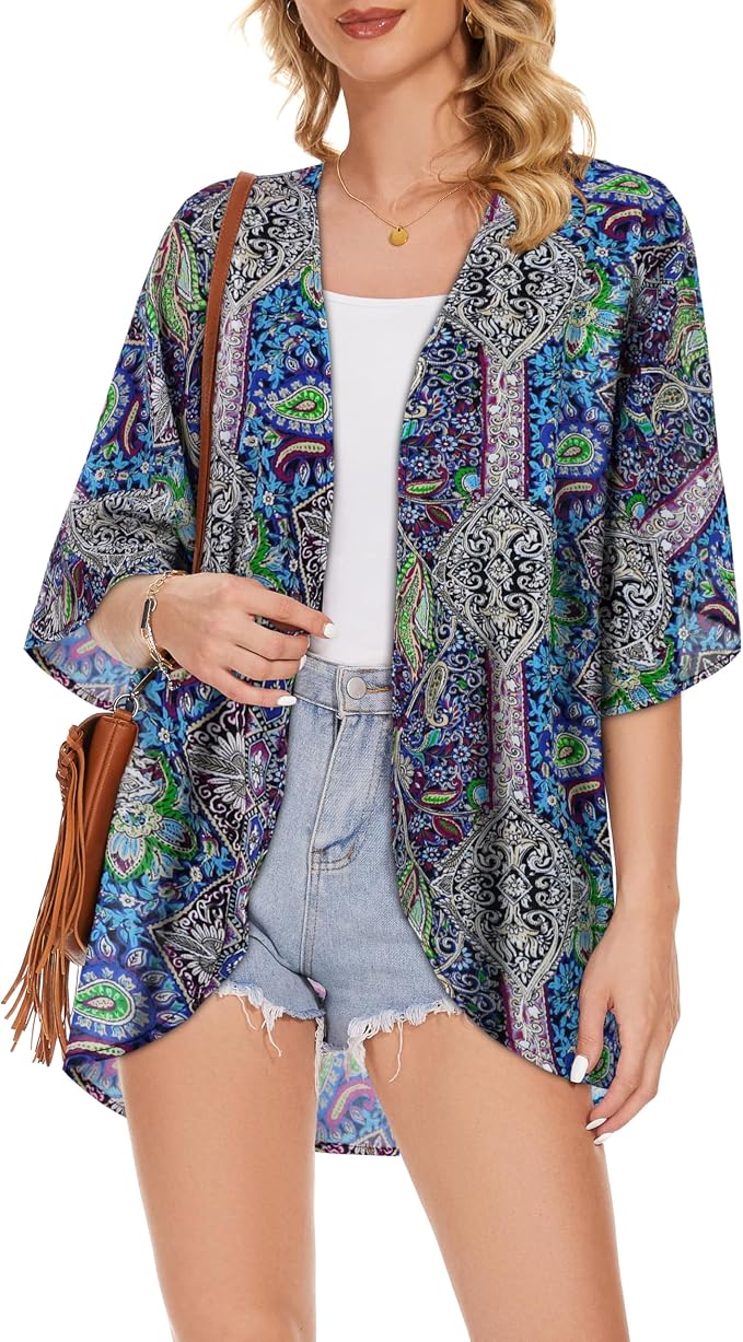 Women's Floral Print Puff Sleeve Kimono Cardigan Loose Cover Up Casual Blouse - Image 4