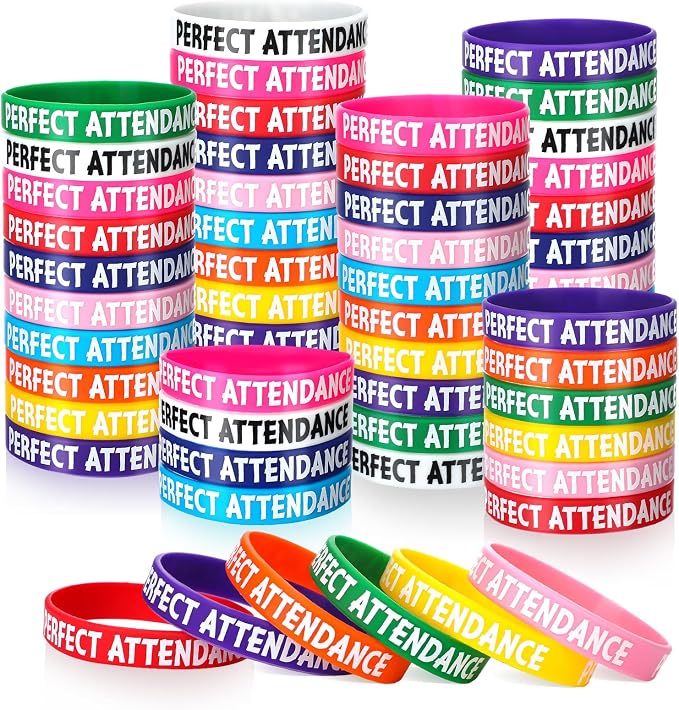100 Pcs Perfect Attendance Silicone Wristbands 10 Assorted Color Reward Rubber by Cunno