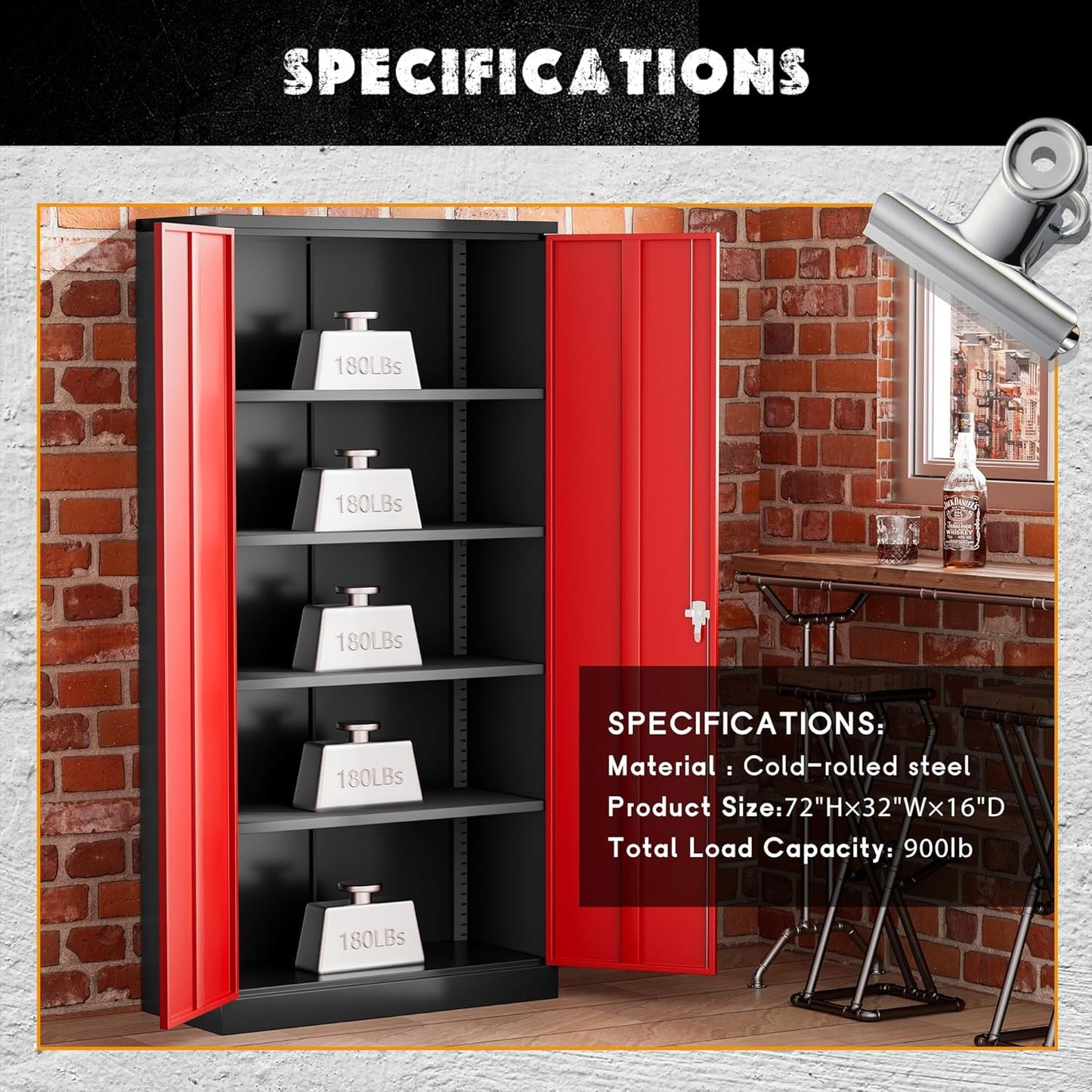 Greenvelly Metal Garage Storage Cabinet with Lock, 72" Metal Storage Cabinet with 2Doors and 4Adjustable Shelves, for Home Office, School,Gym (Black&Red)