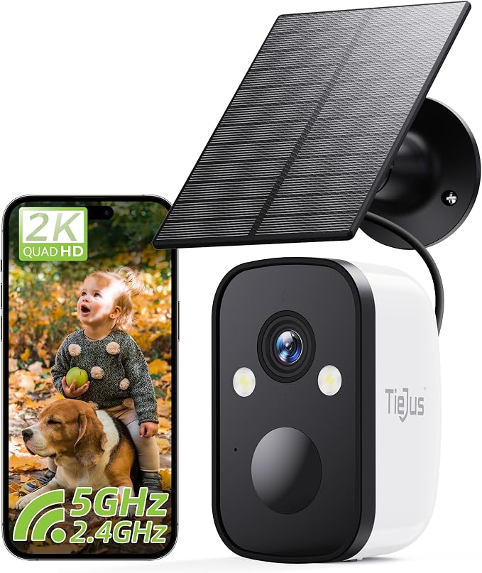 2K Solar Security Cameras Wireless Outdoor, 2.4G/5G WiFi, Powered by Sun by Tiejus