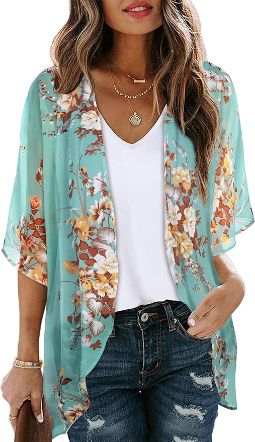 Women's Floral Print Puff Sleeve Kimono Cardigan Loose Cover Up Casual Blouse by CHICGAL