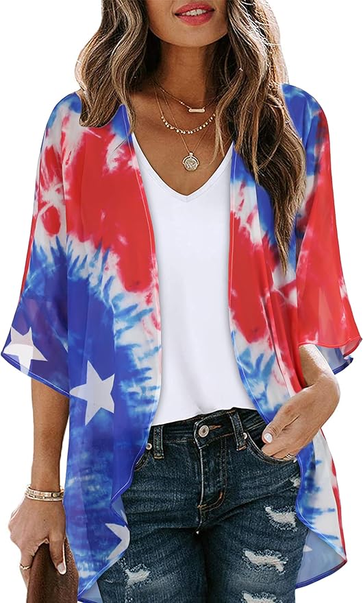 Women's Floral Print Puff Sleeve Kimono Cardigan Loose Cover Up Casual Blouse by CHICGAL