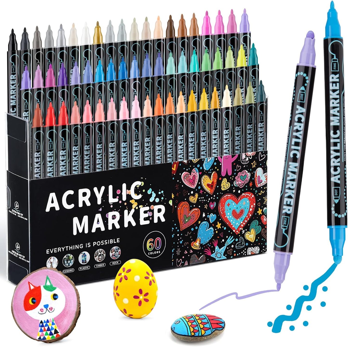 60 Colors Dual Tip Acrylic Paint Pens Markers, Double Tip Premium Acrylic Markers for Wood, Rock Painting, Glass, Canvas, Stone, DIY Crafts Making Art Supplies