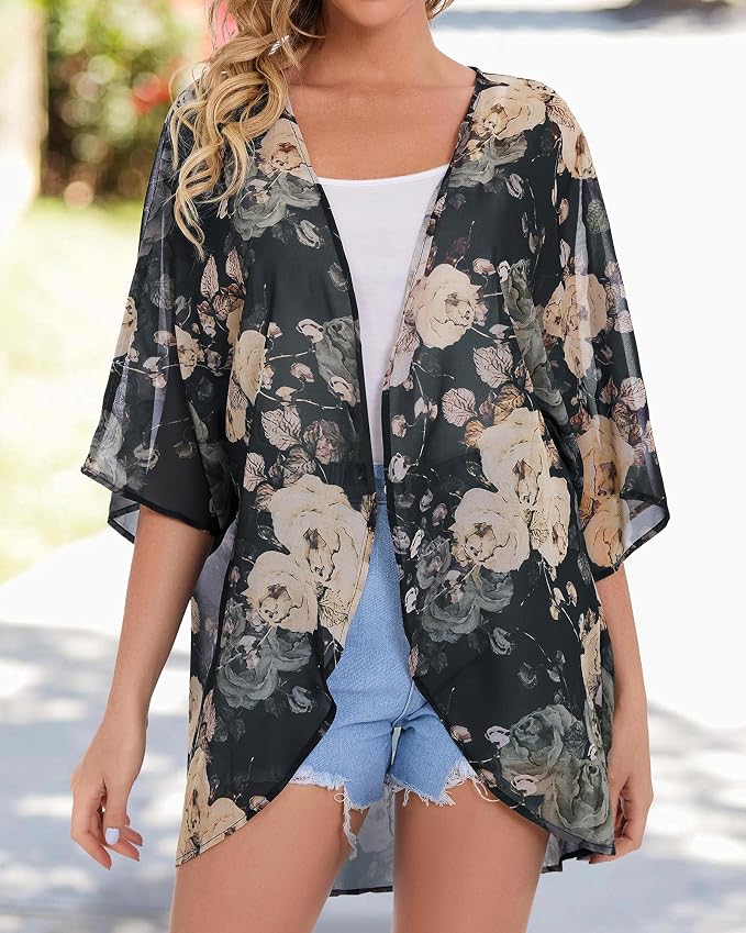 Women's Floral Print Puff Sleeve Kimono Cardigan Loose Cover Up Casual Blouse - Image 3