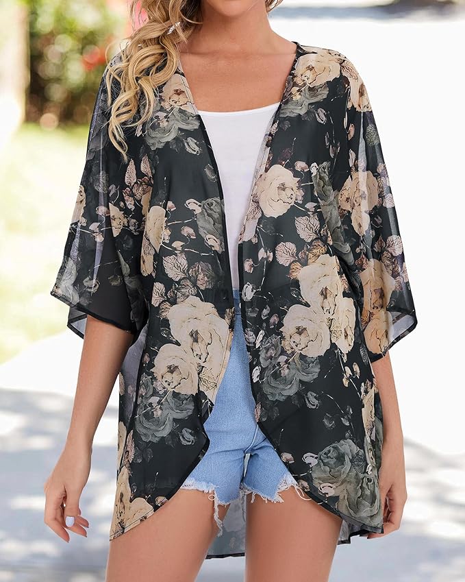 Women's Floral Print Puff Sleeve Kimono Cardigan Loose Cover Up Casual Blouse - Image 3