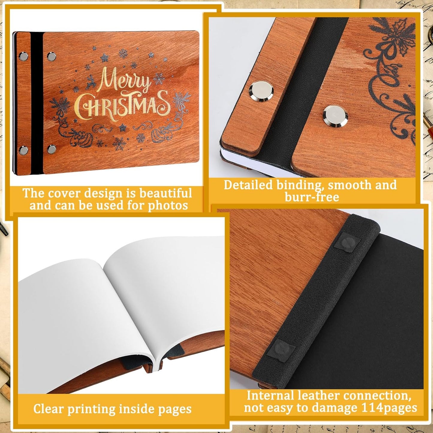 Christmas Wooden Guest Book with Pen 8 x 6 Inches 120 Pages Memory Scrapbook Rustic Signature Party Sign in Xmas Gift for Couple Guests Book