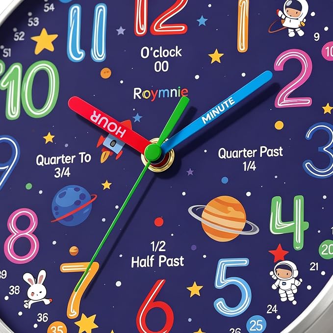Roymnie Wall Clock Learning to Tell Time Easily Non Ticking Battery Operated - Image 9