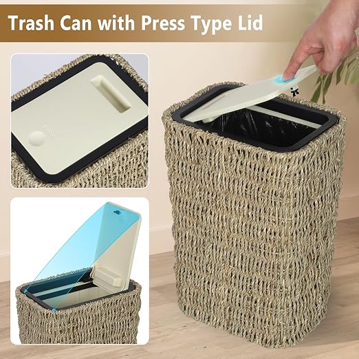 Trongee Boho Trash Can with Lid, 3 Gallon Small Rattan Trash Can with Press Top - Image 4