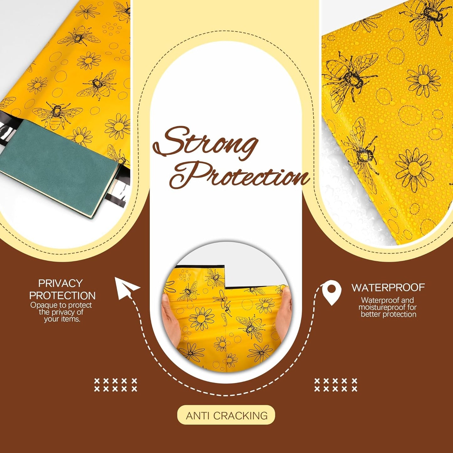 Bees Poly Mailer 14.5x19 Inch 50 Pcs, Waterproof Shipping Bags for Clothing, Tear-Resistant Mailier Bags, Strong Mailing Bags with Self-Seal