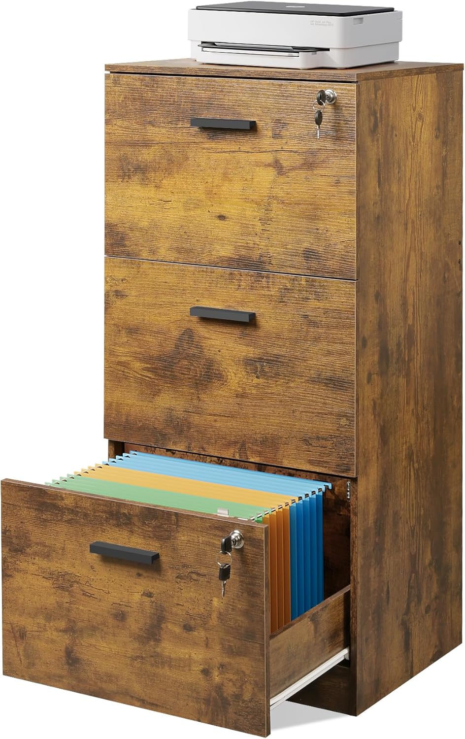 DEVAISE 3 Drawer File Cabinet with Lock, Vertical Wood Filing Cabinet for Home Office, Printer Stand for Letter and A4 Size, Rustic Brown