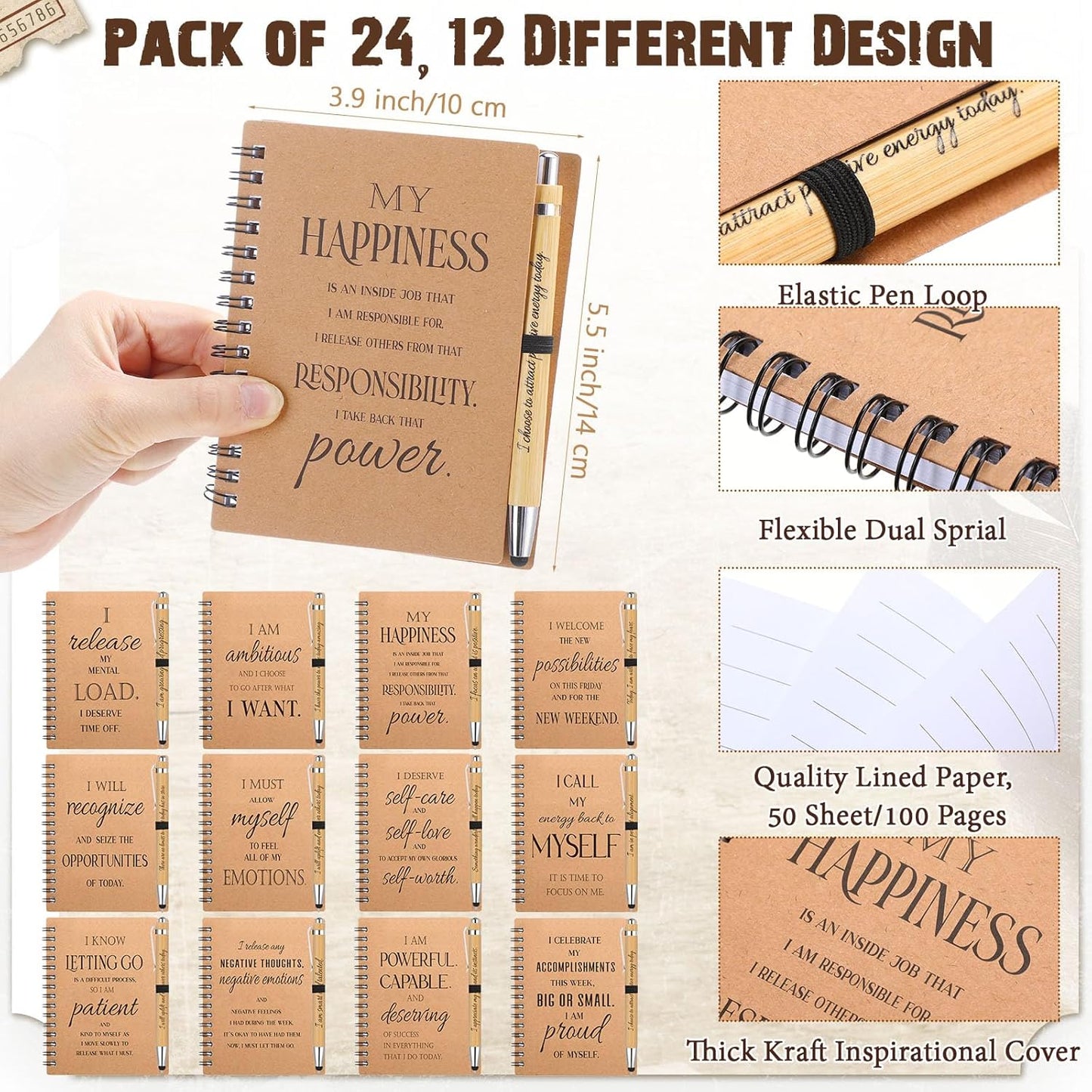 Pasimy 48 Pcs/24 Set Bulk Positive Affirmation Spiral Notebooks with Bamboo Pen Daily Affirmation Gift Set Motivational Encouragement Notepad Small Journals 5.5 x 3.9 inch for Women Self Care