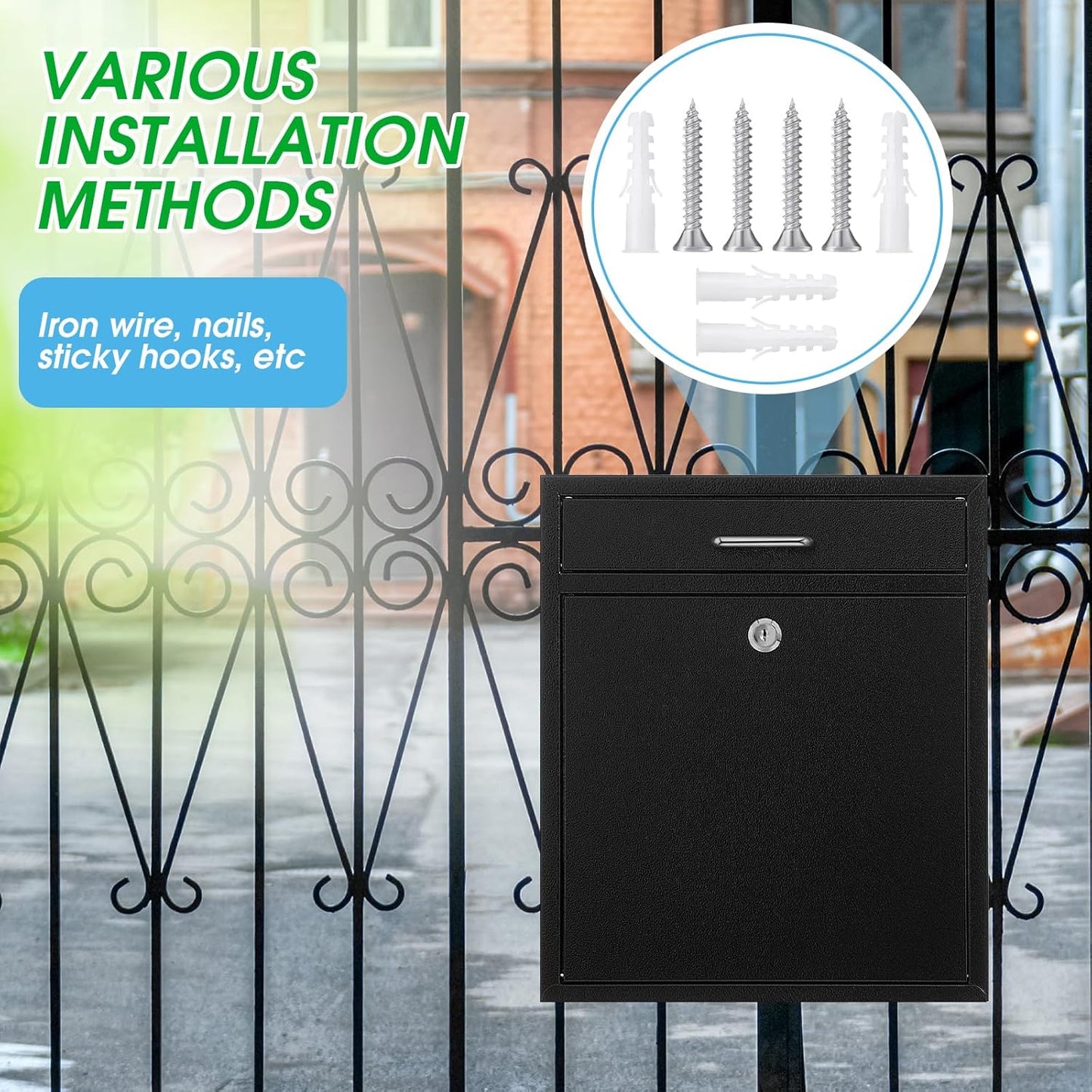 Locking Mailbox with Key for Outdoor 14 x 12 x 4 Inches Large Wall Mount Mail Box with Lock Security Mail Drop Metal Collection Boxes Hanging Secure Postbox (Black)