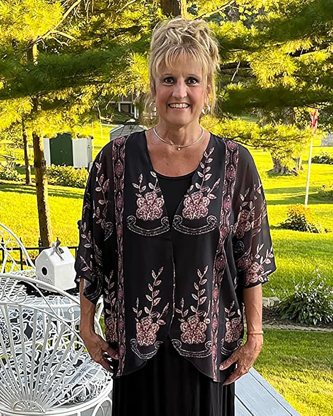 Women's Floral Print Puff Sleeve Kimono Cardigan Loose Cover Up Casual Blouse - Image 3