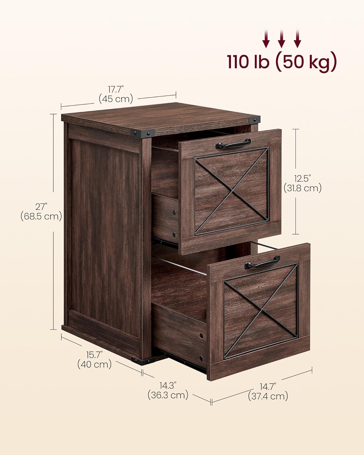 VASAGLE File Cabinet, Filing Cabinet with 2 File Drawers, Printer Stand, Fit A4, Letter Size, Hanging File Folders, Modern Farmhouse Style, for Home Office, Maroon Brown UOFC048K01