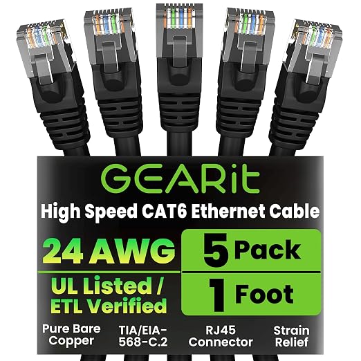 GEARit Cat 6 Patch Cables 1 ft Black Cat6 Patch Cables 1ft Black/Ethernet Patch by GEARit
