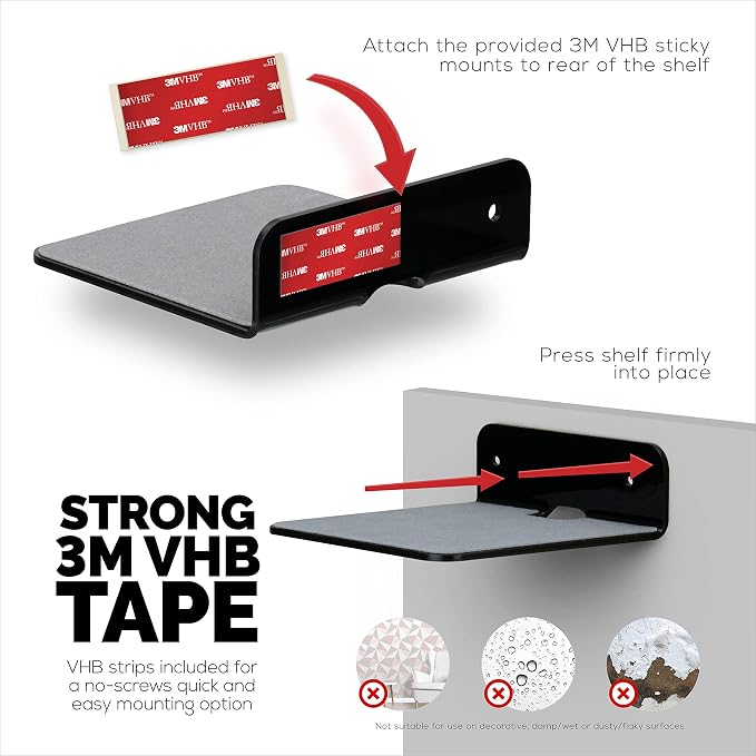 BRAINWAVZ 2-Pack 4” Small Floating Shelf Bluetooth Speaker Stand, Adhesive & - Image 5