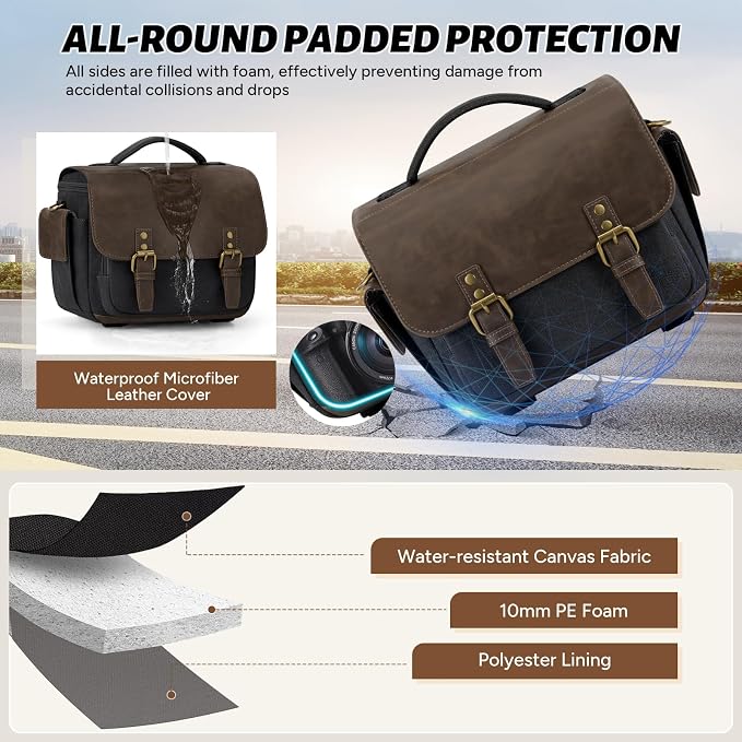 RAINSMORE Camera Bag, Vintage Canvas Camera Sling Bag Small Waterproof DSLR SLR - Image 4