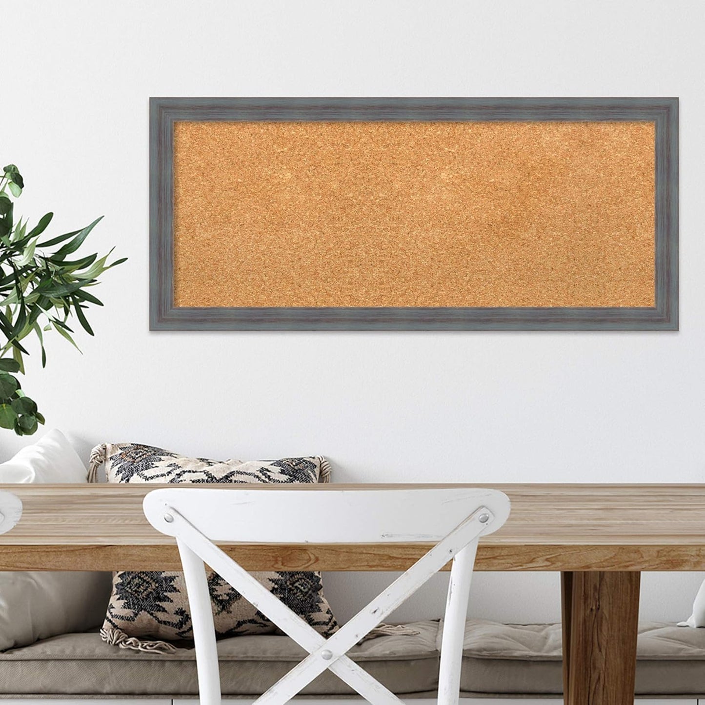 Amanti Art Natural Cork Board for Wall, 14x32 Vision Board with Blue Wood Frame, Medium Corkboard Office Decor for Home Organization, Rustic Farmhouse Corkboard Pinboard to display items for home
