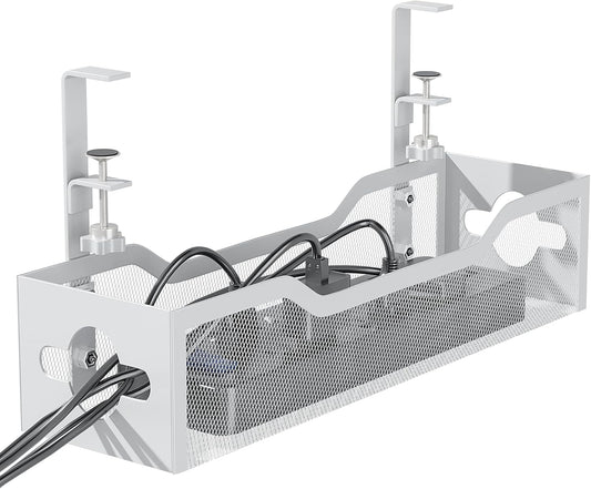 Under Desk Cable Management Tray 15.95", Quszmd Cable Organizer No Drill, Standing Cord Organizer and Wire Management Tray - No Damage to Desk, White