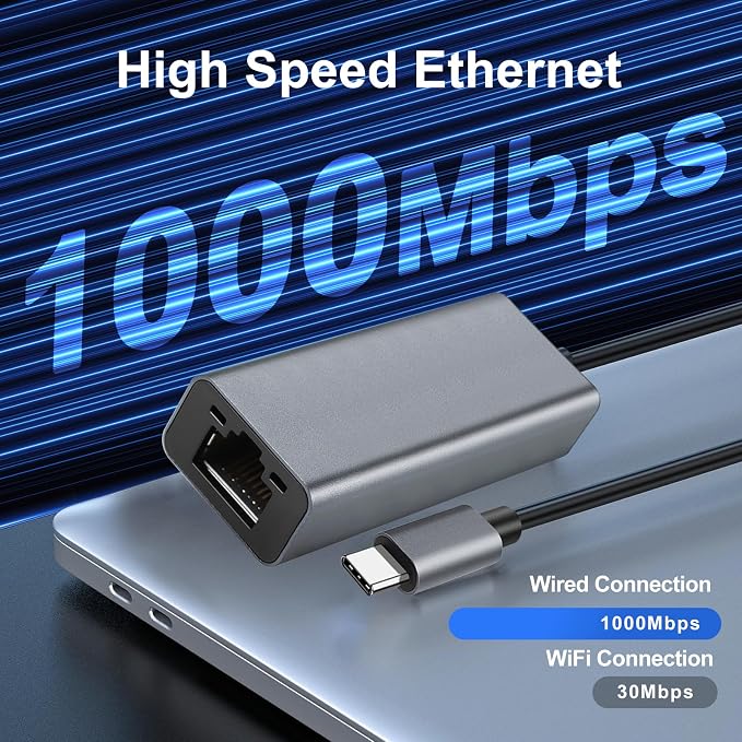 USB C to Ethernet Adapter, Portable 1-Gigabit Network Hub, 10/100/1000 Mbps - Image 3
