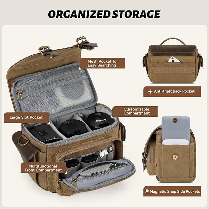 RAINSMORE Camera Bag, Vintage Canvas Camera Sling Bag Small Waterproof DSLR SLR - Image 2