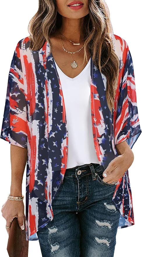 Women's Floral Print Puff Sleeve Kimono Cardigan Loose Cover Up Casual Blouse by CHICGAL