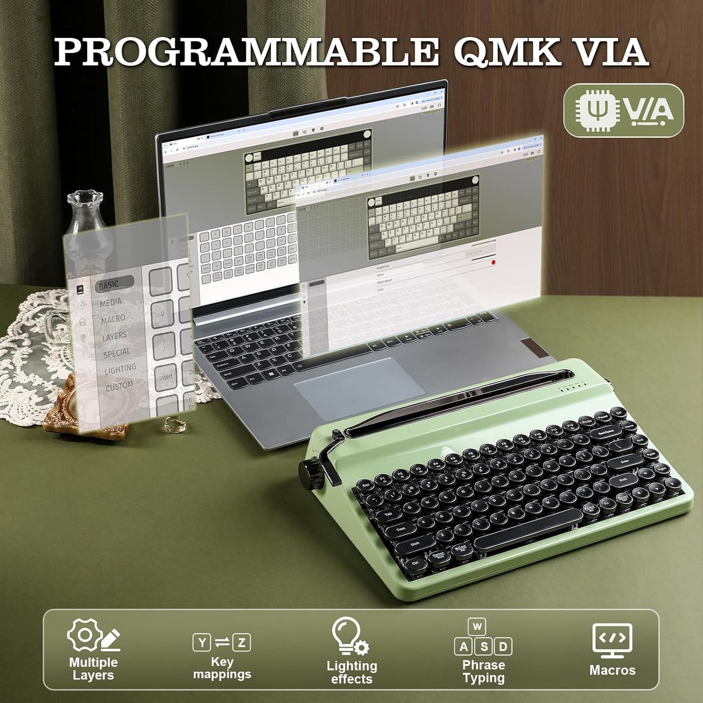 YUNZII QL75 Wireless Typewriter Hot Swap Retro Mechanical Keyboard,Punk Round Keycaps,RGB Backlit QMK/VIA Programmable, Multi-Device Keyboard with 2.4GHz/Type-C/BT5.0 (Green, Cocoa Cream V2 Switch)
