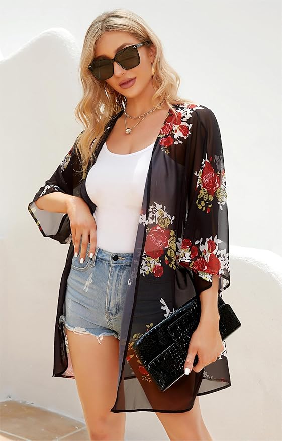 Women's Floral Print Puff Sleeve Kimono Cardigan Loose Cover Up Casual Blouse - Image 2