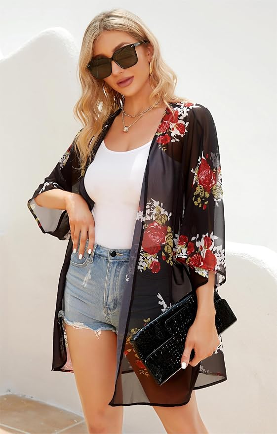 Women's Floral Print Puff Sleeve Kimono Cardigan Loose Cover Up Casual Blouse - Image 2
