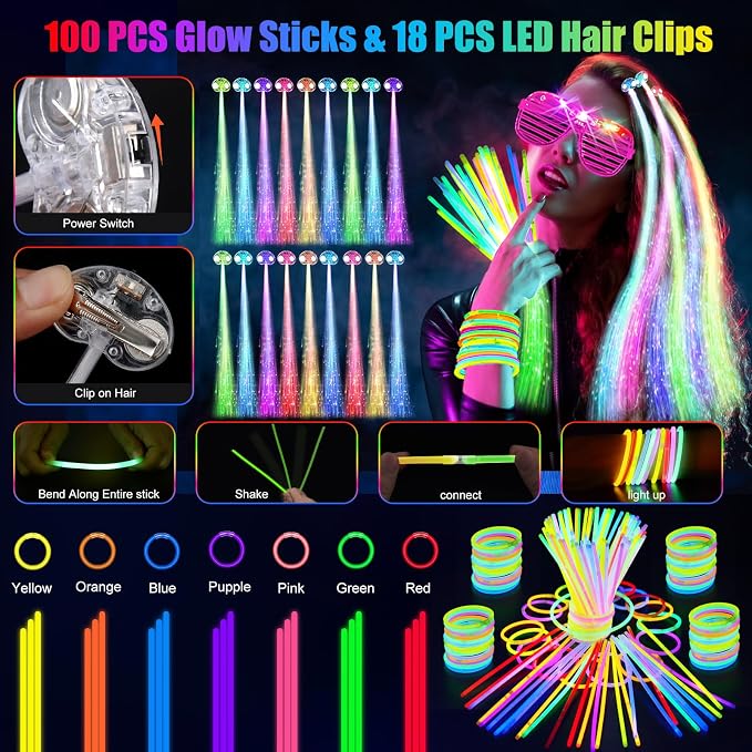 OLUPP 148 PCS Glow in the Dark Party Supplies, 16 Fiber Optic Wands, 14 LED - Image 5