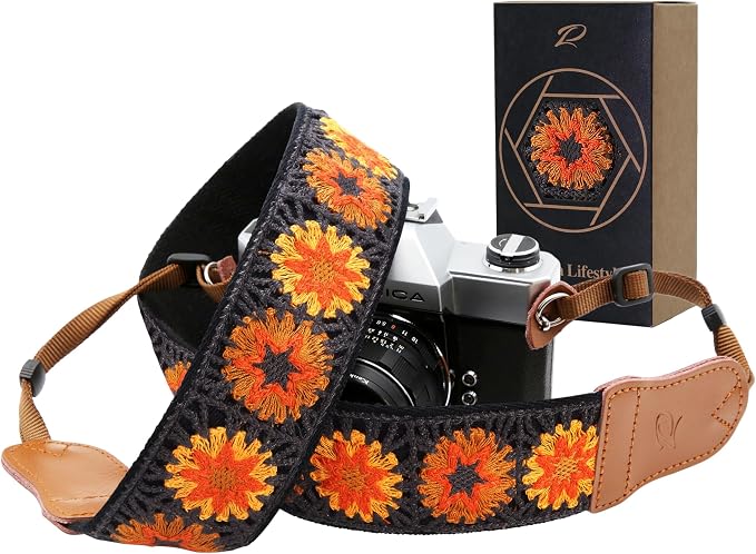 Padwa Lifestyle Hollow Crochet Orange Daisy Camera Strap by PadwaLifestyleCameraStrap