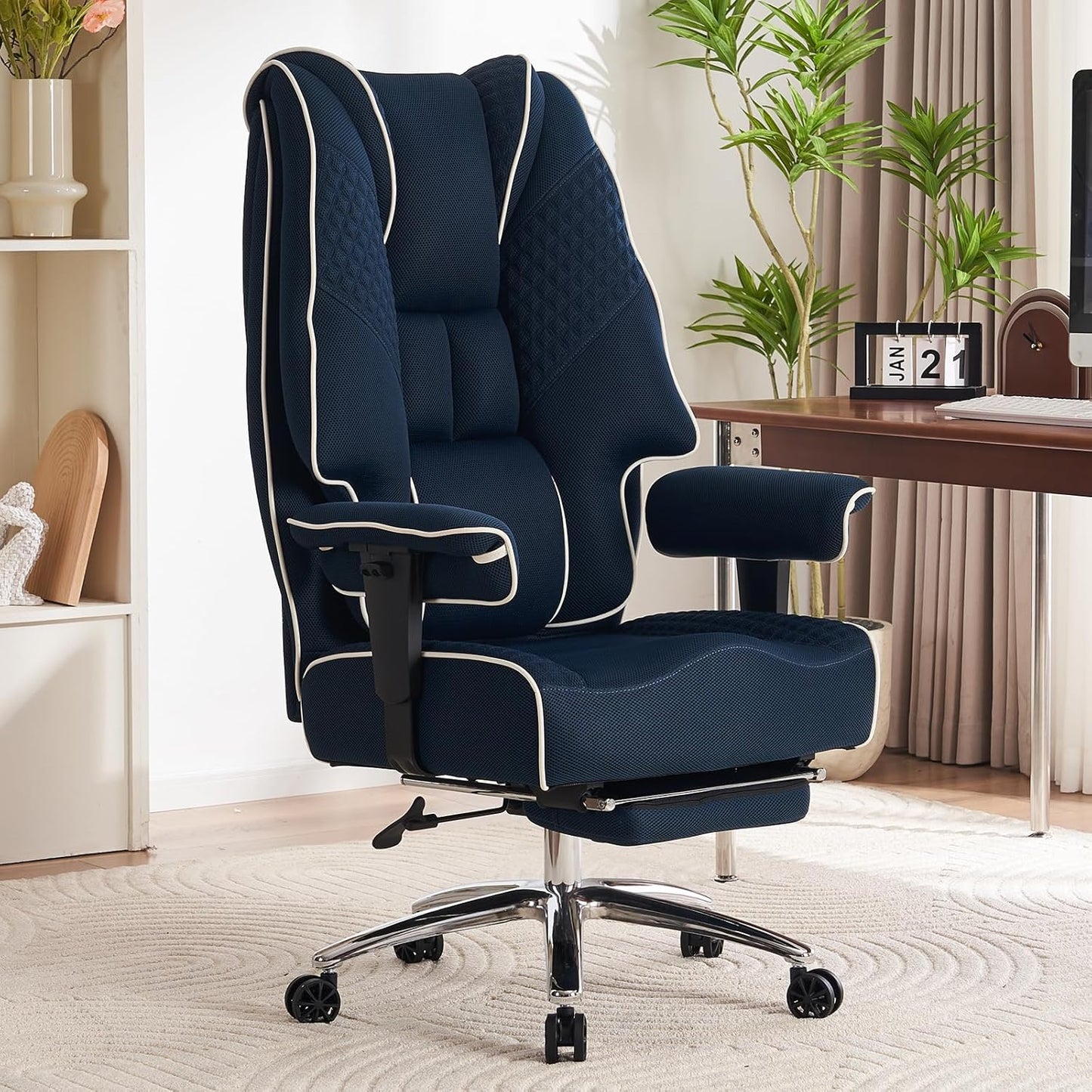 Big and Tall Office Chair 400lbs Wide Seat, Leather High Back Executive Office Chair with Foot Rest, Ergonomic Chairs Lumbar Support for Lower Back Pain Relief (Mesh Dark Blue)