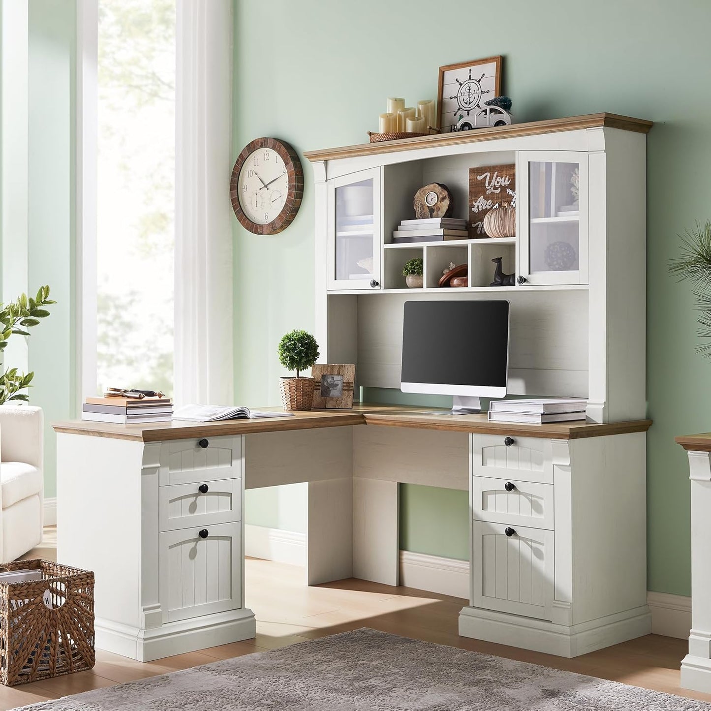 OKD 60" L Shaped Executive Desk with Hutch and Drawers, Farmhouse Home Office Desk with Charging Station, File Cabinet Storage, Wood Corner Computer Desk for Work and Study, Antique White