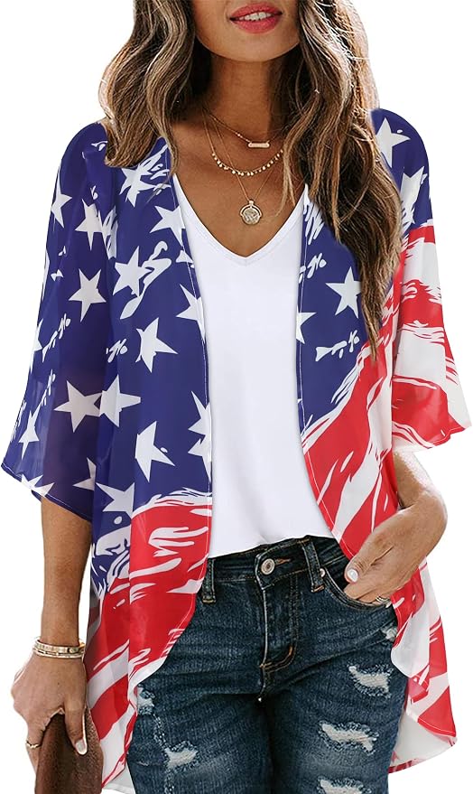 Women's Floral Print Puff Sleeve Kimono Cardigan Loose Cover Up Casual Blouse by CHICGAL