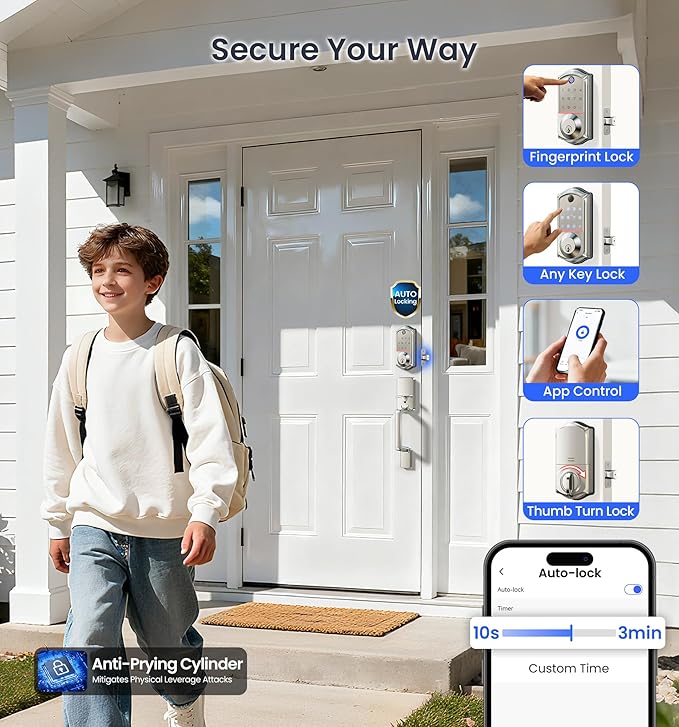 Veise VE017-D Smart Fingerprint Front Door Lock Set, App Control, 8-in-1 - Image 6