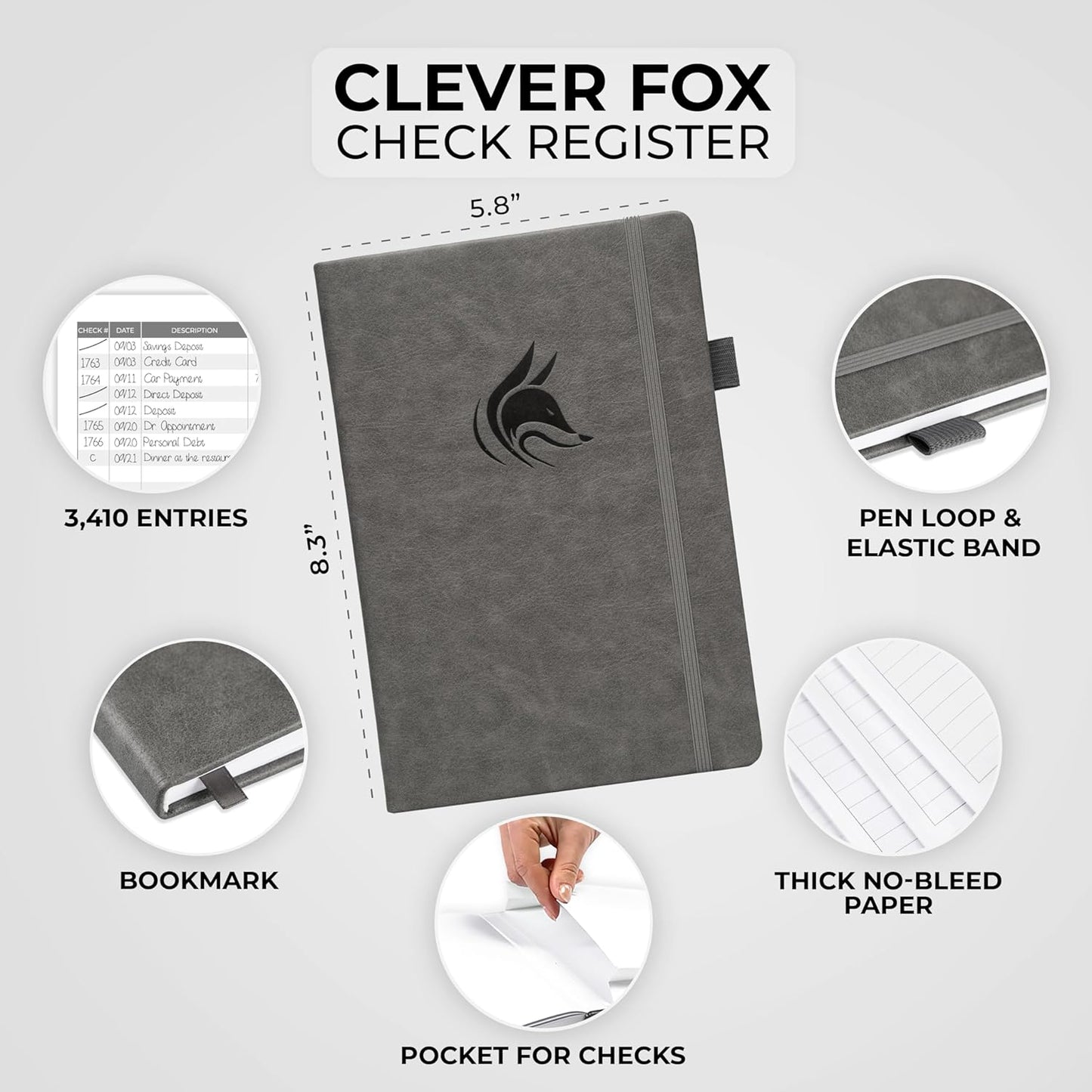 Clever Fox Check Register Book - Deluxe Transaction Register, Accounting Ledger Book, Checkbook Register & Checking Account Register Book for Personal and Work Use, A5 Hardcover - Gray
